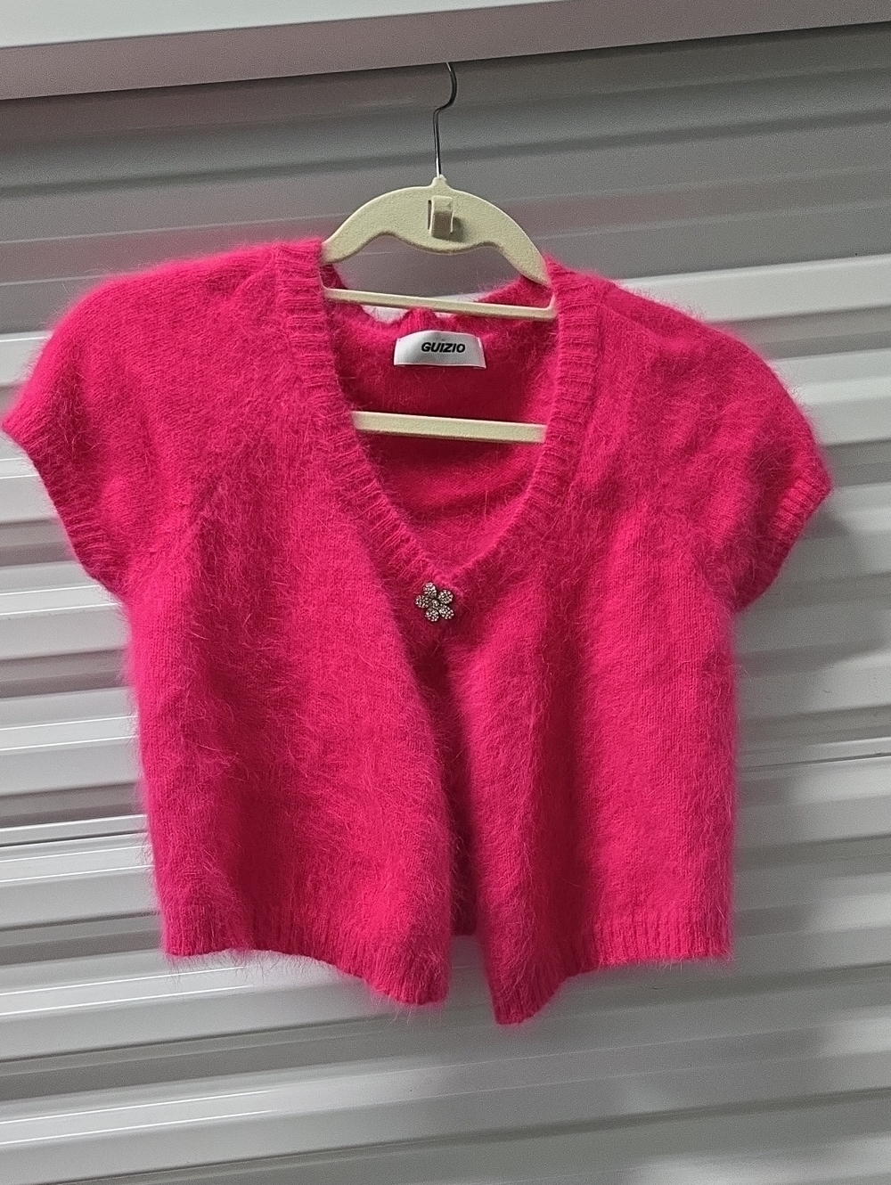 Danielle Guizio Fuschia Angora Blend Flower Clasp Cardigan Size M Quiet Luxury